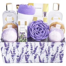 Lavender Bath & Shower Basket: Shower Gel + Bubble Bath + Body Lotion + Hand Cream + Massage Oil +Bath Salt + Body Scrub + Soap +2x Bath Bombs + Bath